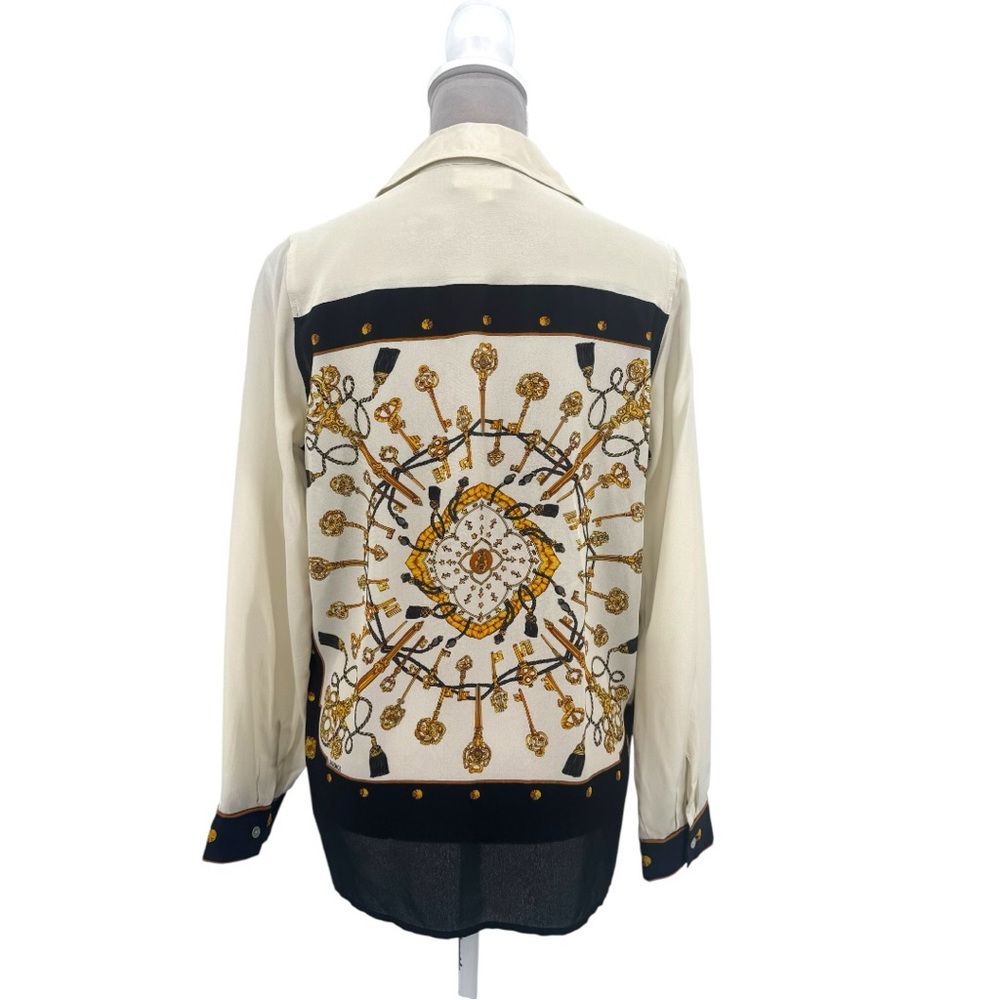 L’AGENCE Gio Blouse Ecru Keys Scarf Print 100% Silk Button Down Shirt Small - Picture 7 of 12